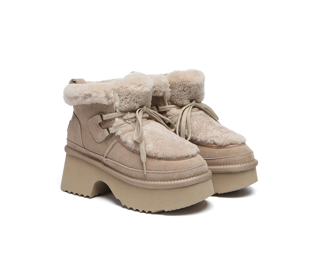 UGG Boots Women Sheepskin Wool Lace Up Chunky Platform Bumpy