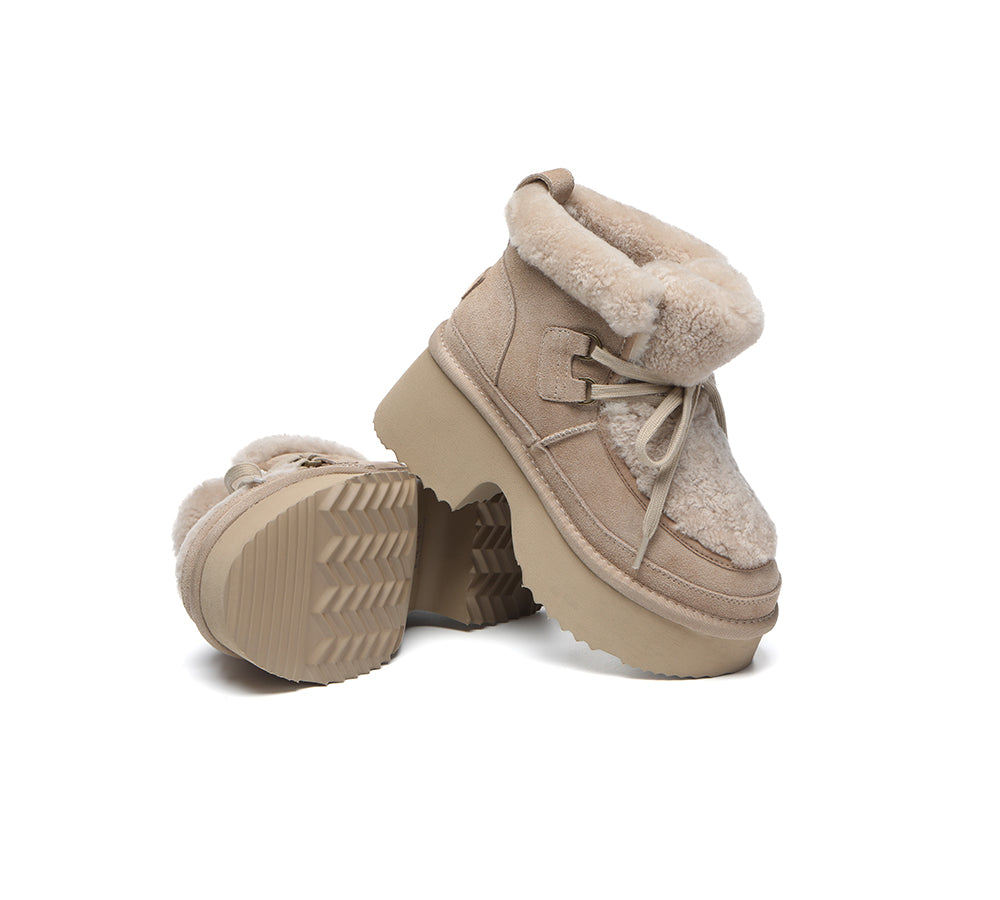 UGG Boots Women Sheepskin Wool Lace Up Chunky Platform Bumpy