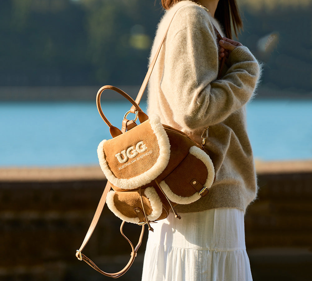 AUSTRALIAN SHEPHERD® Women Fluffy Wool Adjustable Strap Drawstring Charlie Backpack UGG AUSTRALIAN SHEPHERD