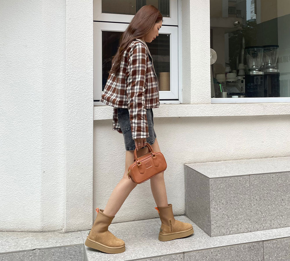 UGG Platform Boots Women Sheepskin Wool Zipper Decor Stretchy Mid Calf Ethel