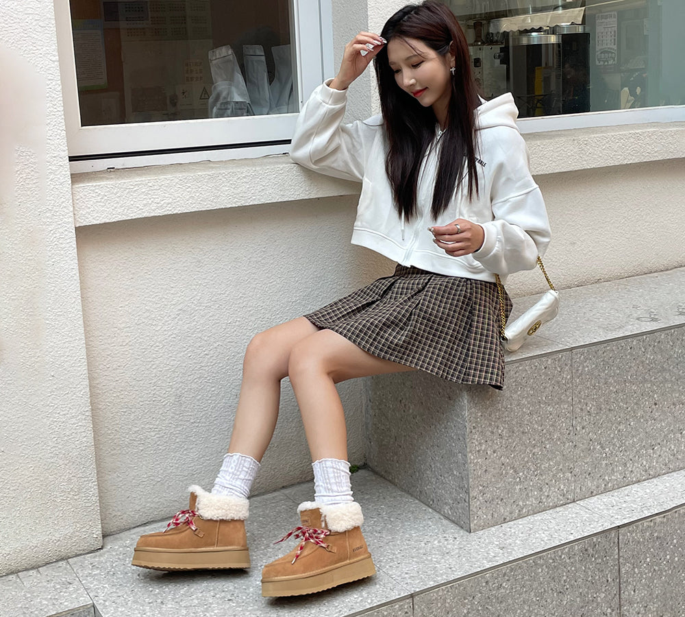 EVERAU® UGG Boots Women Sheepskin Wool Lace Up Ankle Platform Honour - UGG EXPRESS