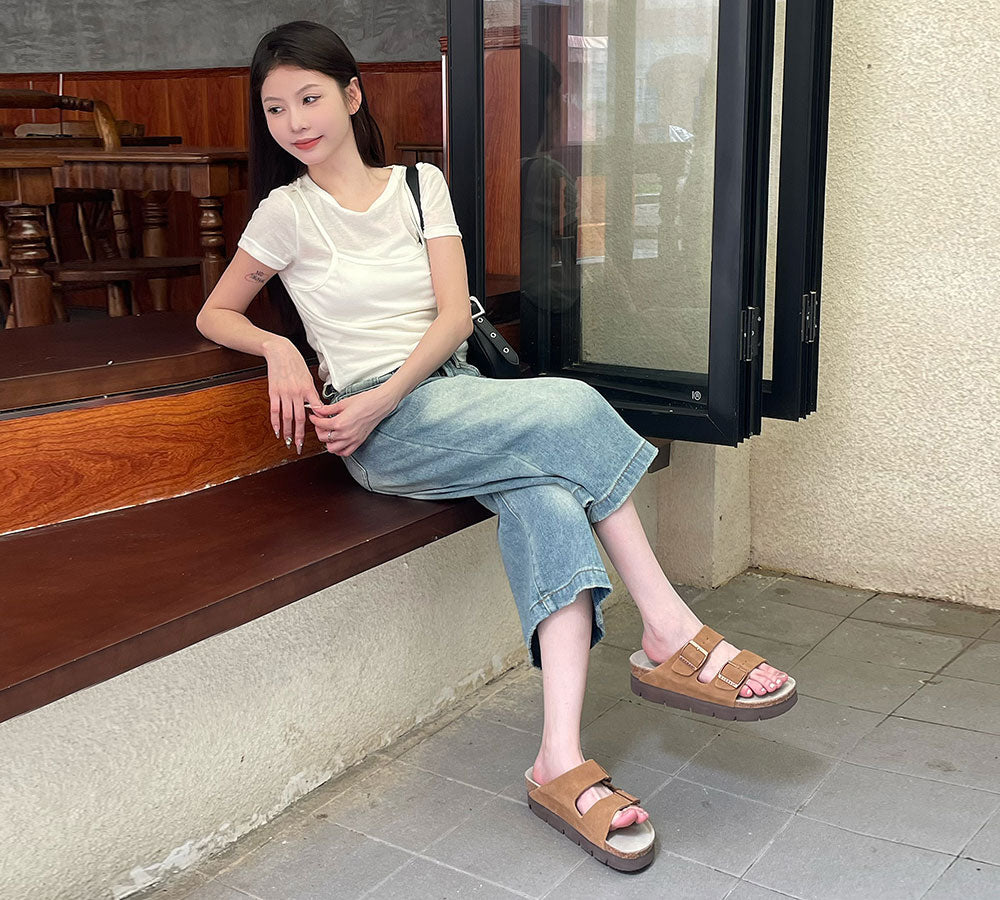 Adjustable Strap Embossed Slip-on Platform Summer Sandal Slides