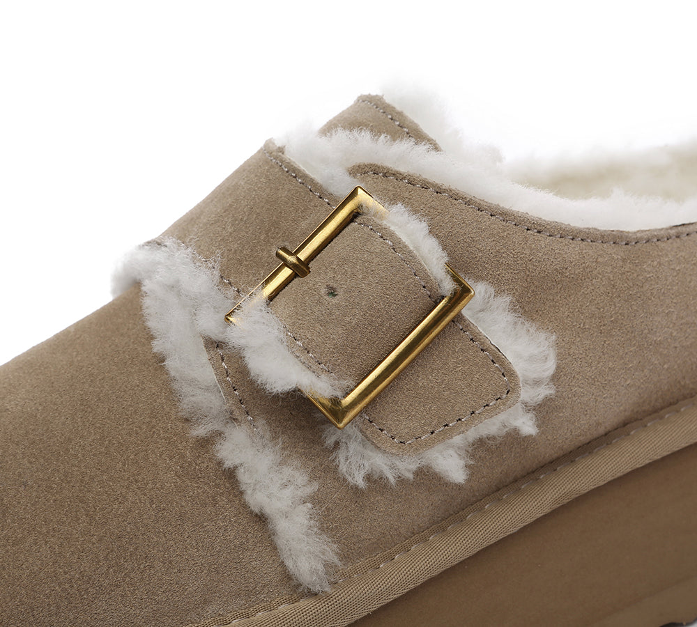 EVERAU® UGG Slippers Sheepskin Wool Adjustable Buckle Ankle Platform Tobias - UGG EXPRESS