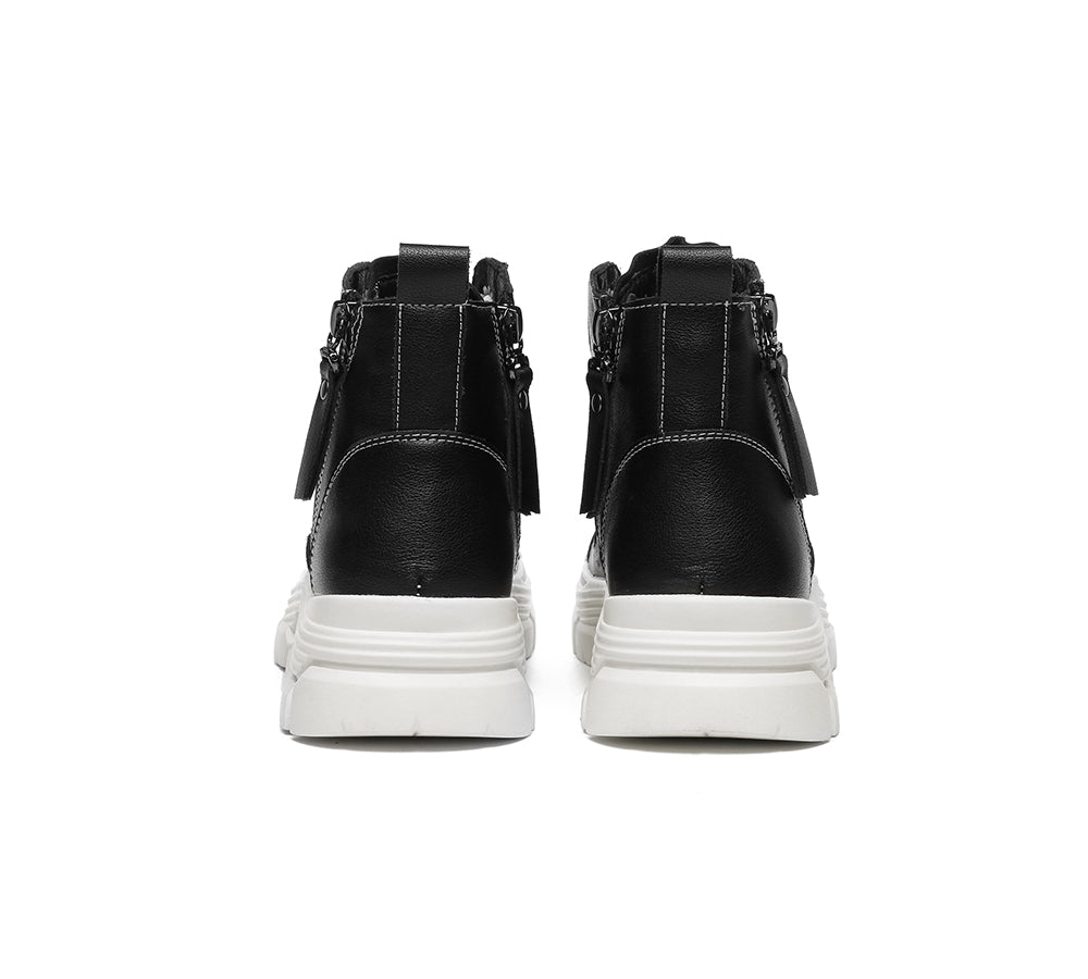 Women Leather Lace Up Zipper Chunky Boots Lorrin