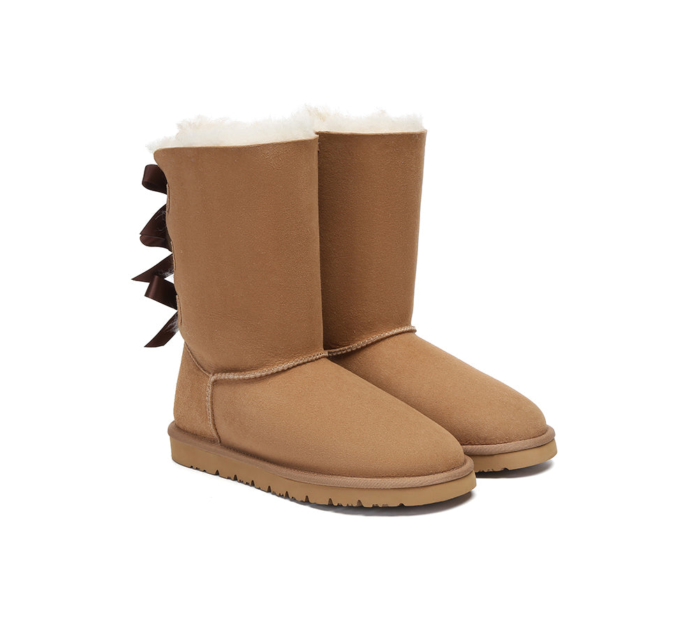 UGG Boots Women Double faced Sheepskin Wool Tall Back Bow