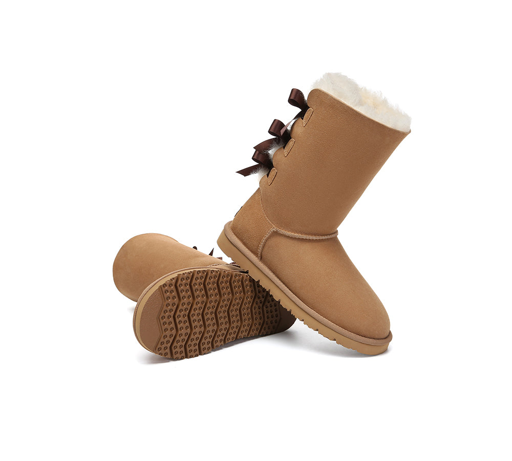UGG Boots Women Double faced Sheepskin Wool Tall Back Bow