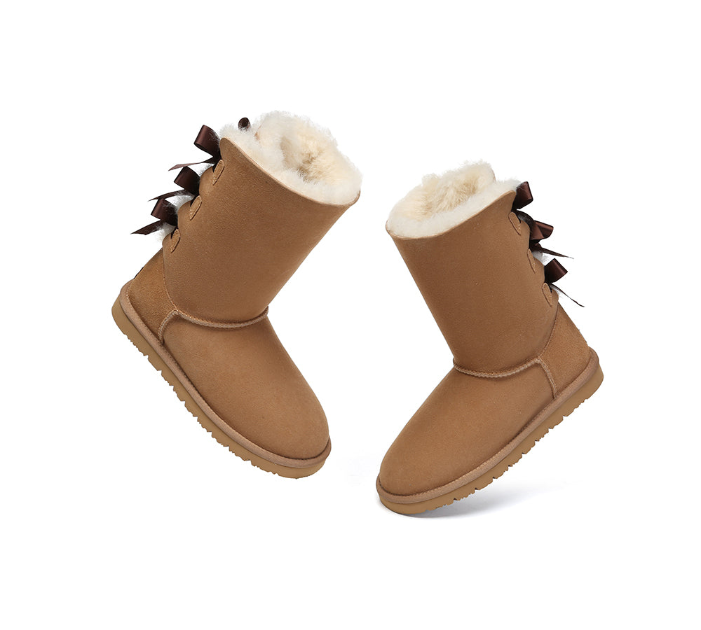 UGG Boots Women Double faced Sheepskin Wool Tall Back Bow