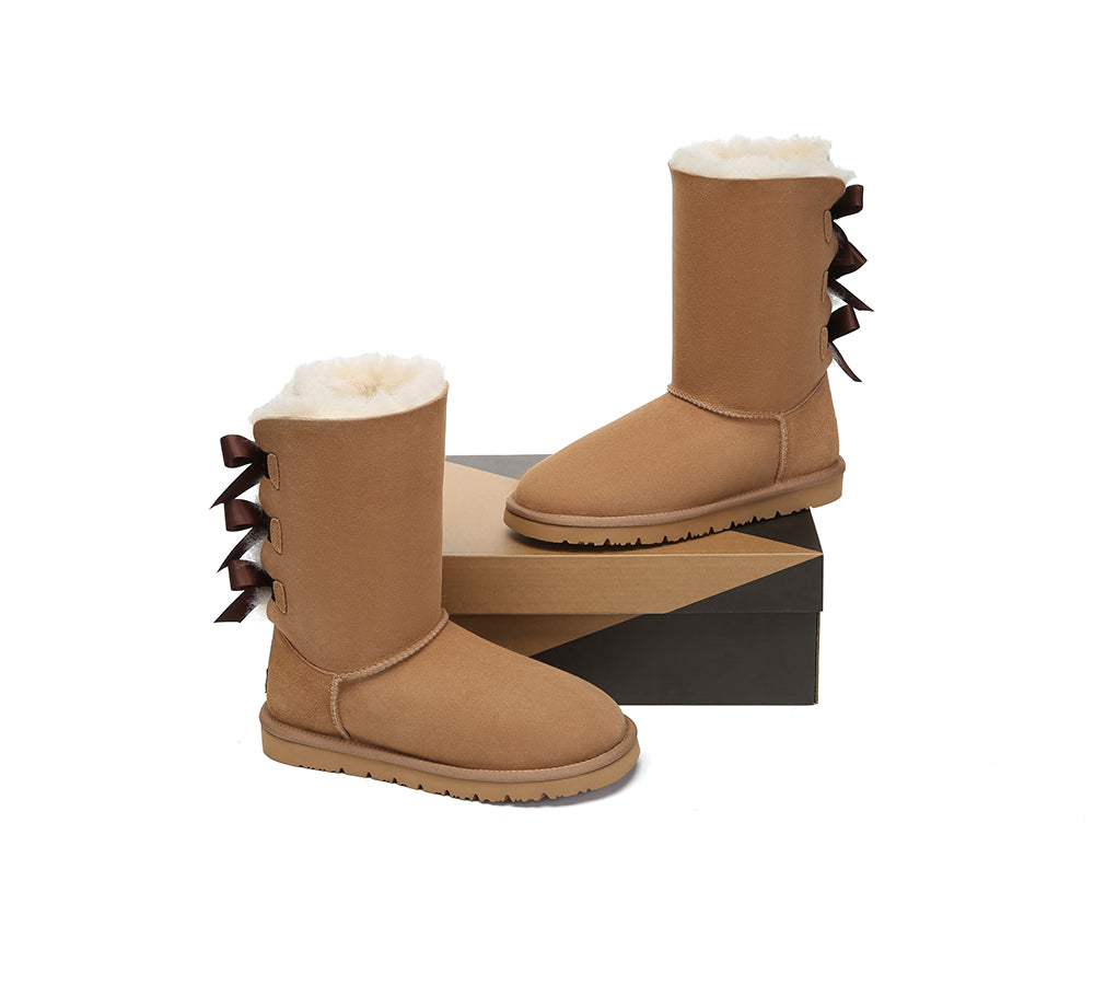 UGG Boots Women Double faced Sheepskin Wool Tall Back Bow