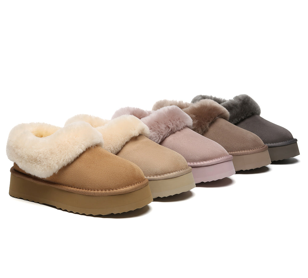 UGG Slippers Women Sheepskin Wool Collar Ankle Platform Clarrie