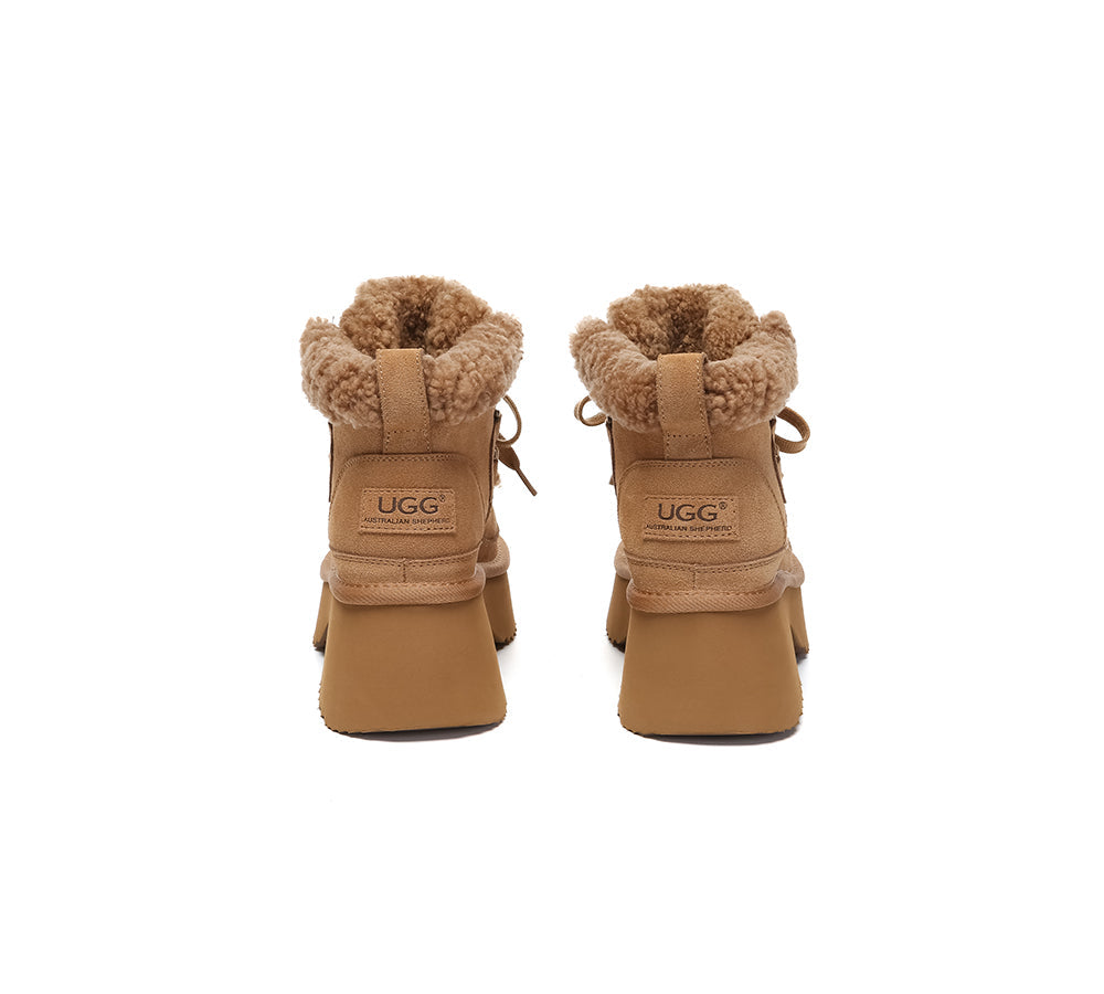 UGG Boots Women Sheepskin Wool Lace Up Chunky Platform Bumpy