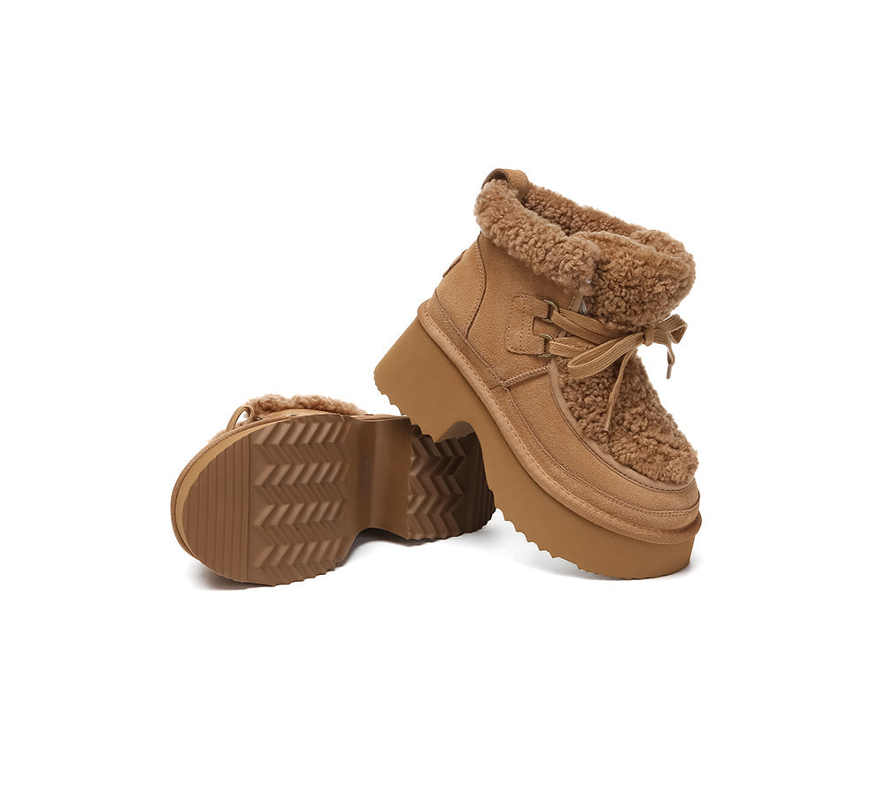 UGG Boots Women Sheepskin Wool Lace Up Chunky Platform Bumpy