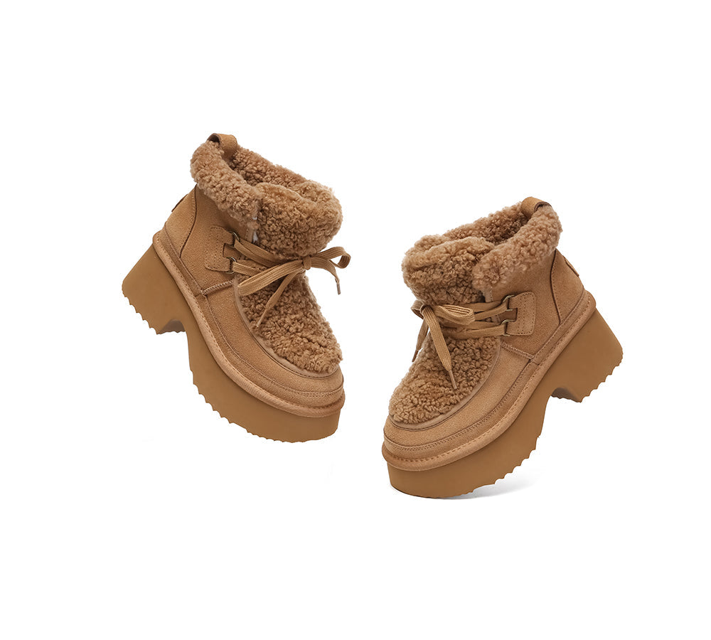 UGG Boots Women Sheepskin Wool Lace Up Chunky Platform Bumpy