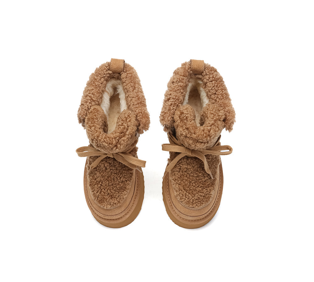 UGG Boots Women Sheepskin Wool Lace Up Chunky Platform Bumpy