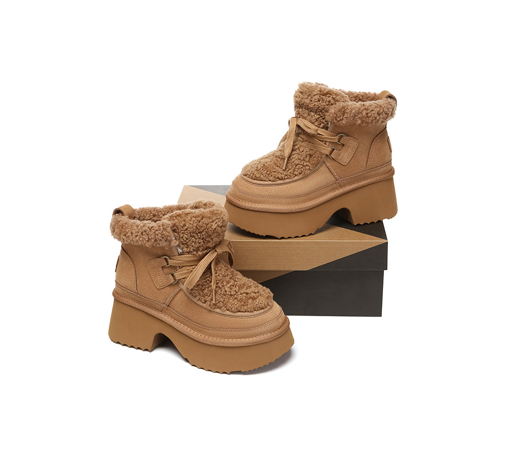 UGG Boots Women Sheepskin Wool Lace Up Chunky Platform Bumpy