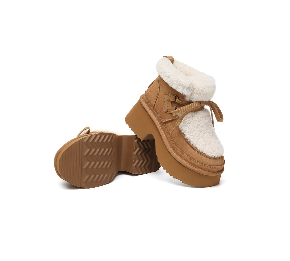 UGG Boots Women Sheepskin Wool Lace Up Chunky Platform Bumpy