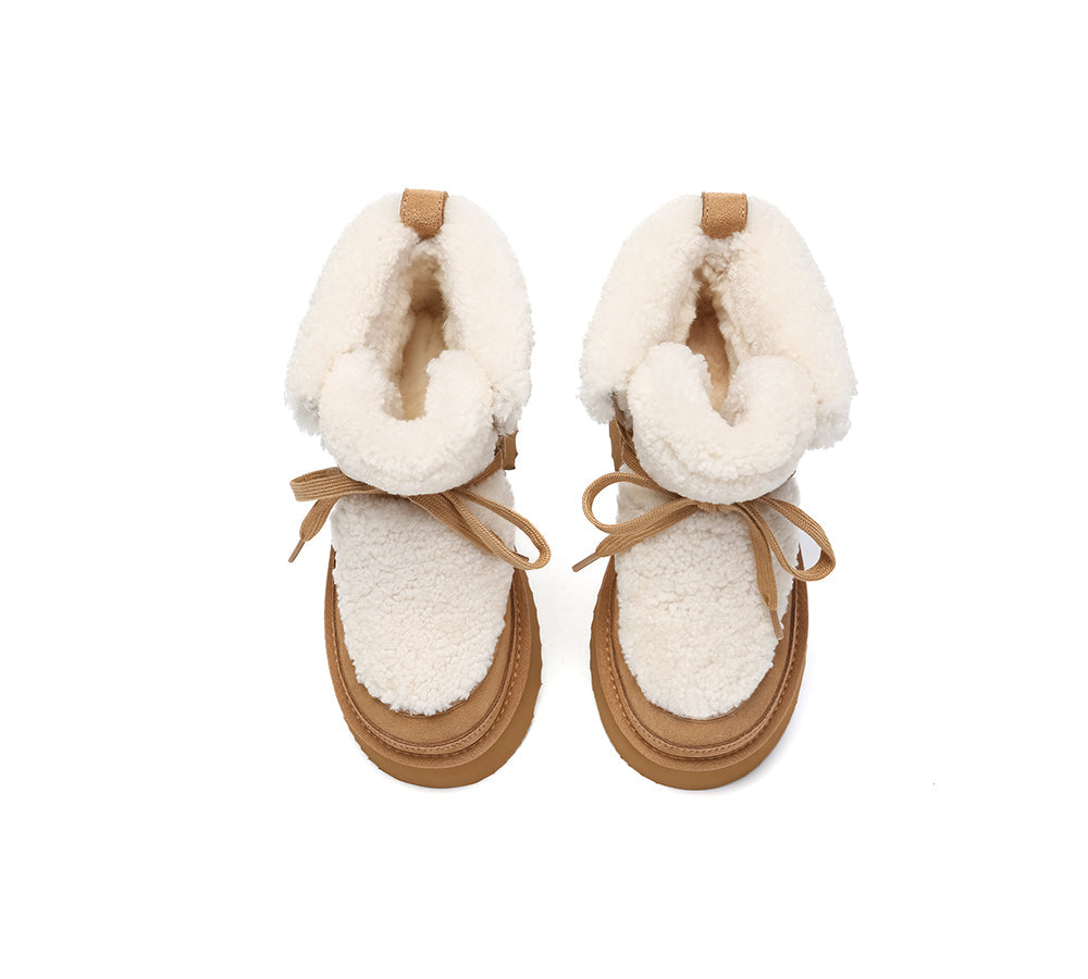 UGG Boots Women Sheepskin Wool Lace Up Chunky Platform Bumpy