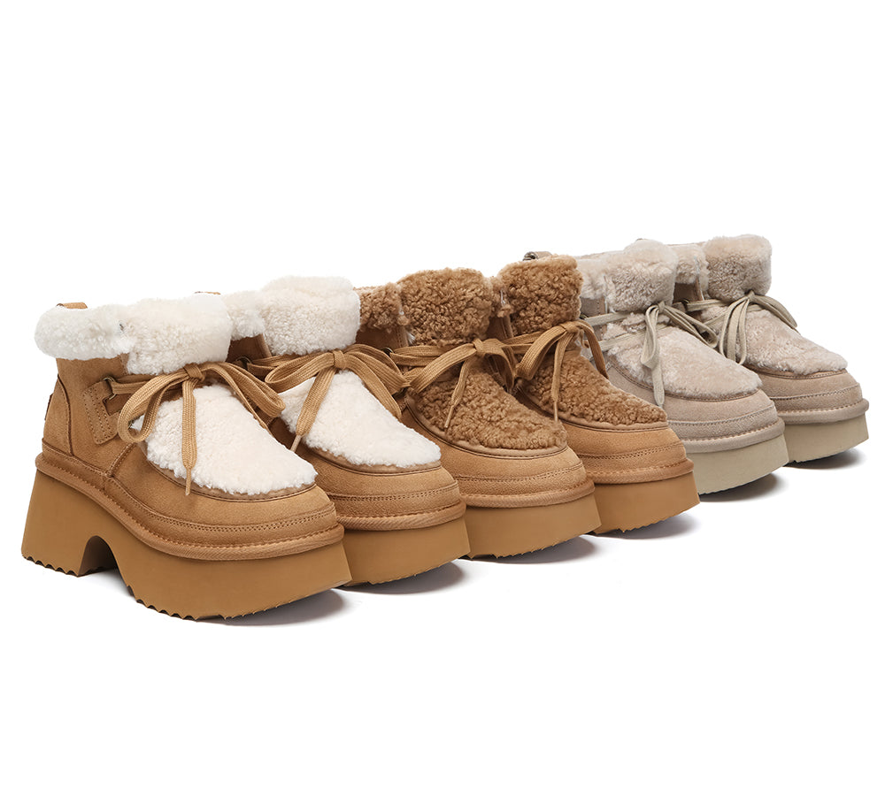UGG Boots Women Sheepskin Wool Lace Up Chunky Platform Bumpy