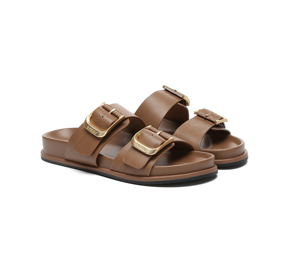 EVERAU® Leather Flat Sandals Women Double Strap Buckle Mounish EVERAU