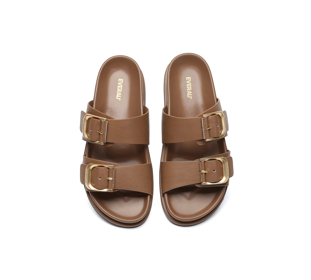 EVERAU® Leather Flat Sandals Women Double Strap Buckle Mounish EVERAU