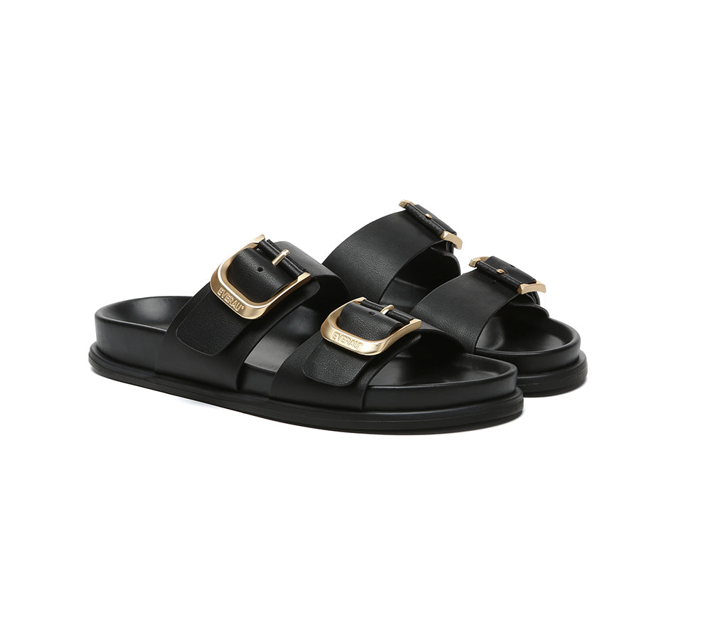 EVERAU® Leather Flat Sandals Women Double Strap Buckle Mounish EVERAU