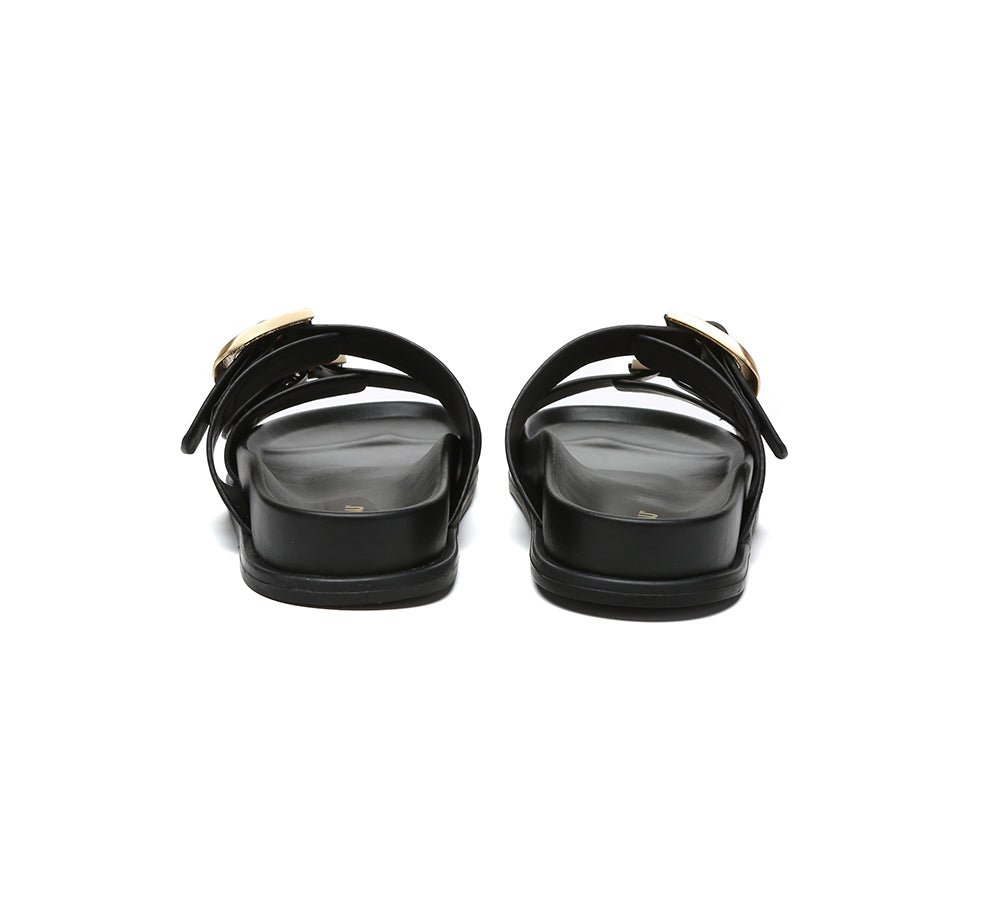 EVERAU® Leather Flat Sandals Women Double Strap Buckle Mounish EVERAU