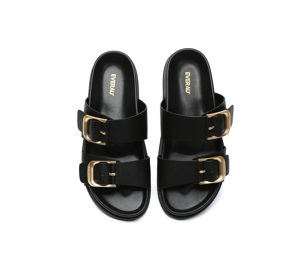 EVERAU® Leather Flat Sandals Women Double Strap Buckle Mounish EVERAU