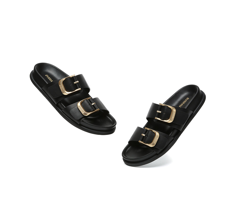 EVERAU® Leather Flat Sandals Women Double Strap Buckle Mounish EVERAU