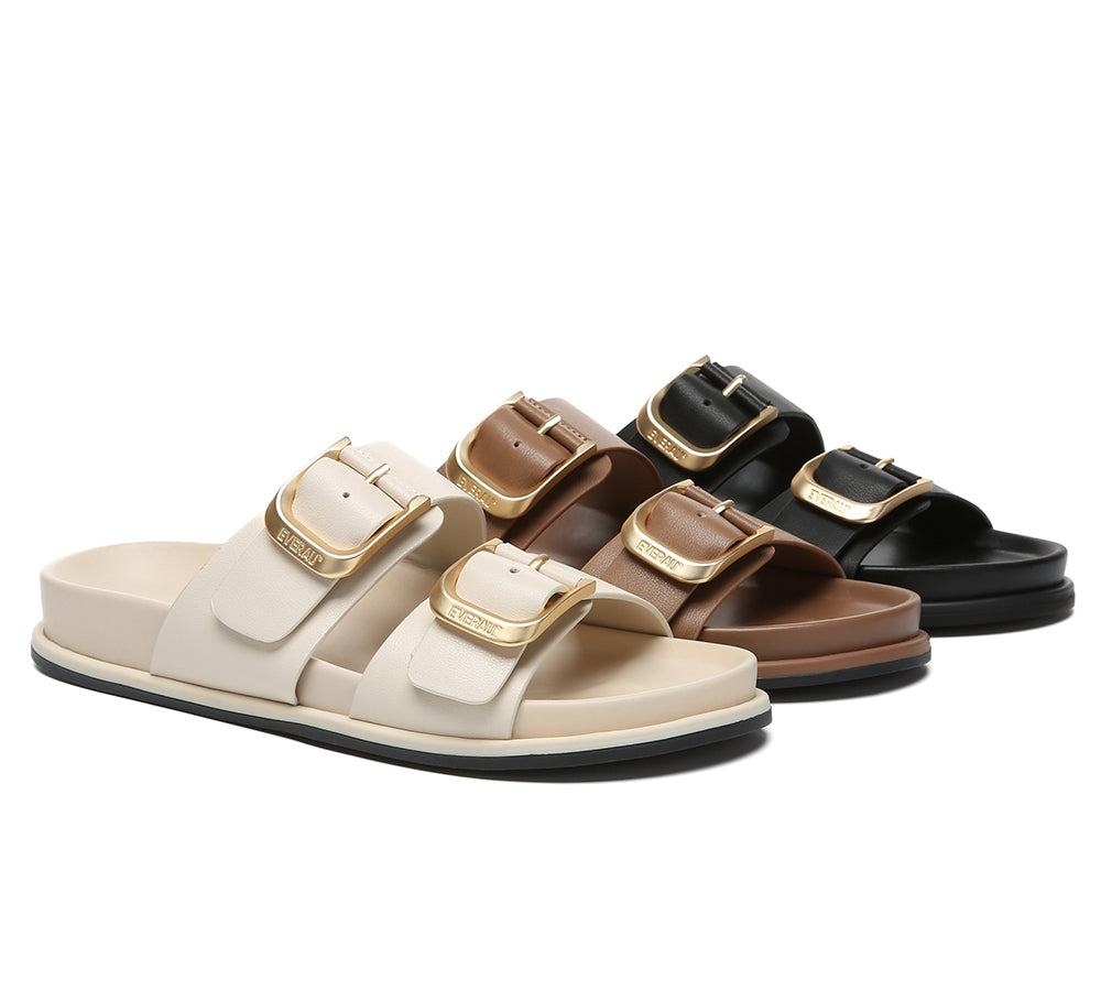 EVERAUยฎ Leather Flat Sandals Women Double Strap Buckle Mounish EVERAU