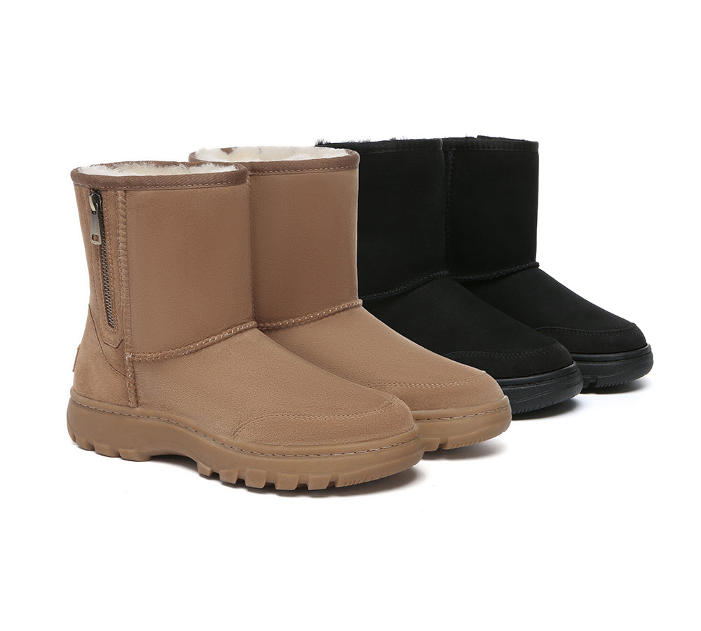 Women Men Sheepskin Wool Zipper Short Outdoor Boots