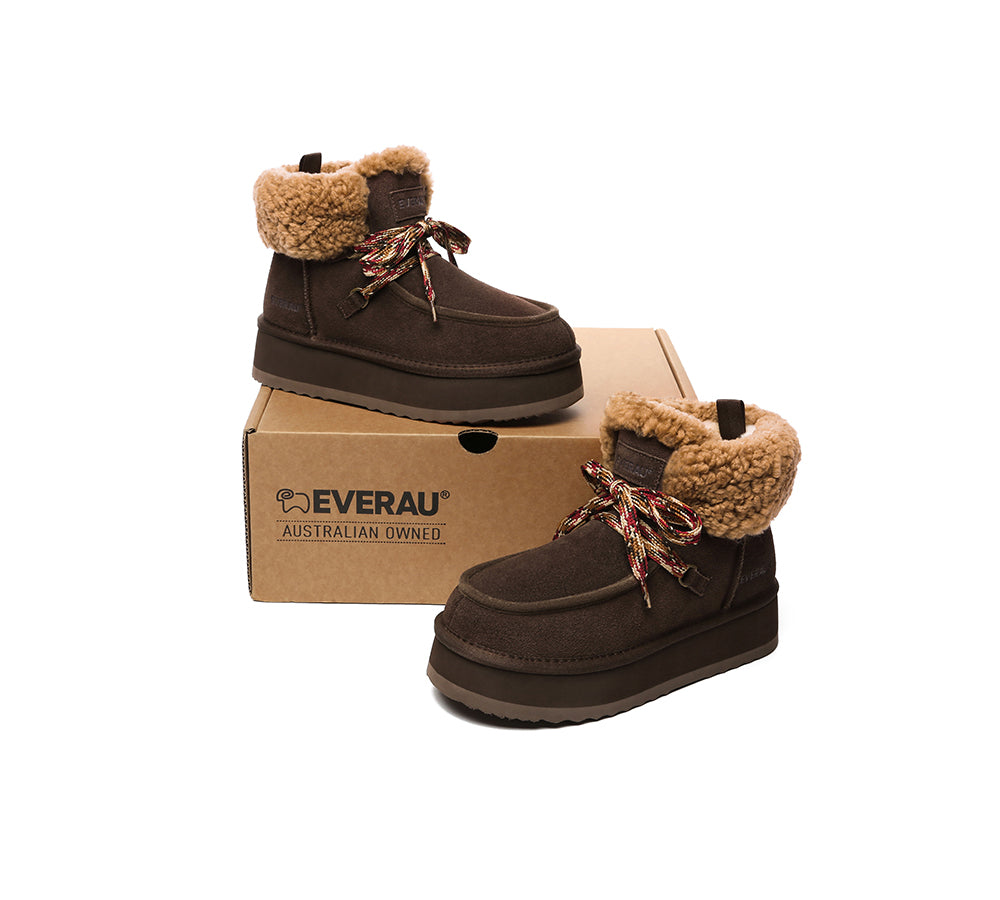 EVERAU® UGG Boots Women Sheepskin Wool Lace Up Ankle Platform Honour - UGG EXPRESS