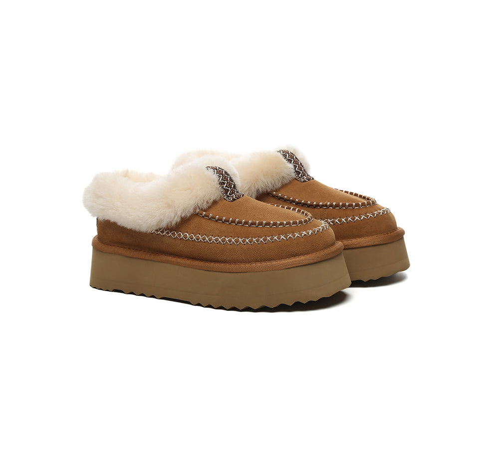UGG Slippers Women Sheepskin Wool Collar Ankle Platform Santana