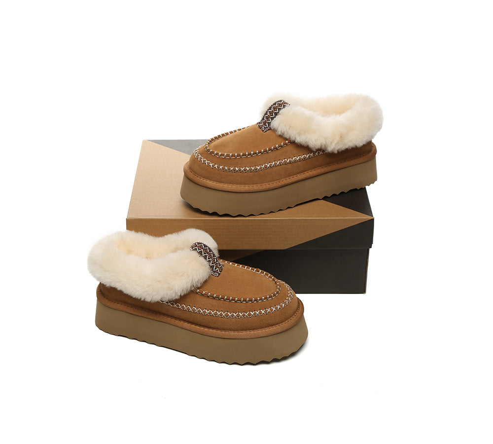 UGG Slippers Women Sheepskin Wool Collar Ankle Platform Santana