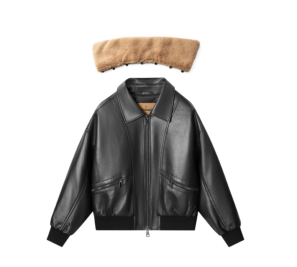 EVERAUยฎ Sheepskin Leather Jacket Women Detachable Wool Collar Voco EVERAU