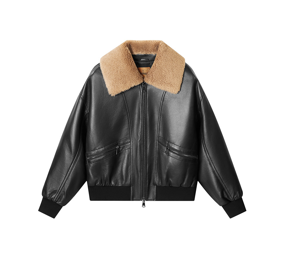 EVERAUยฎ Sheepskin Leather Jacket Women Detachable Wool Collar Voco EVERAU