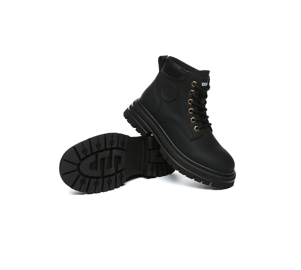 Women Leather Lace Up Chunky Boots Stephanie