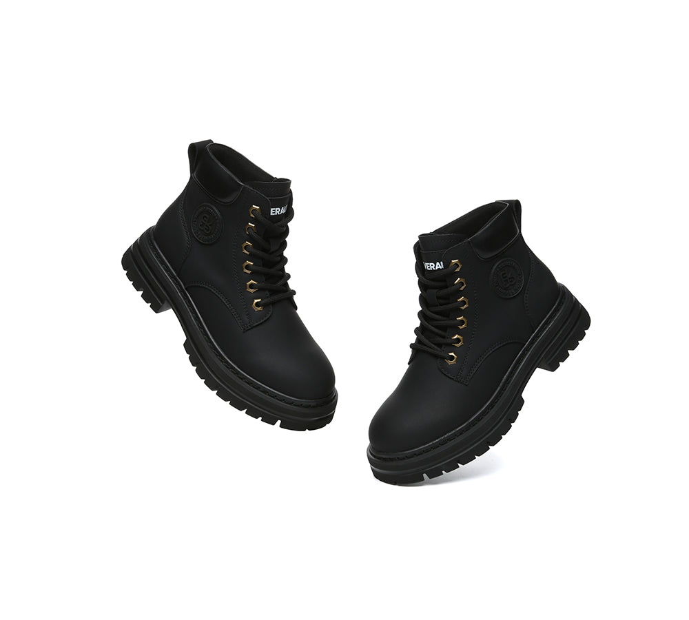 Women Leather Lace Up Chunky Boots Stephanie