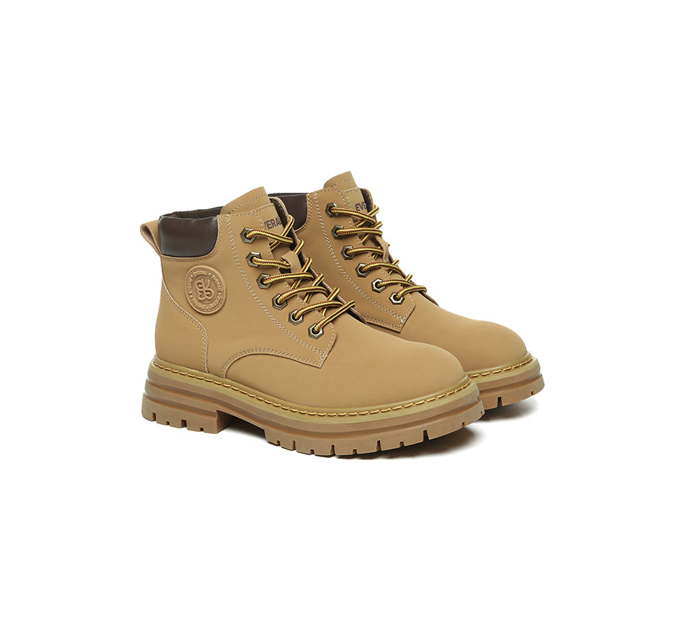 Women Leather Lace Up Chunky Boots Stephanie