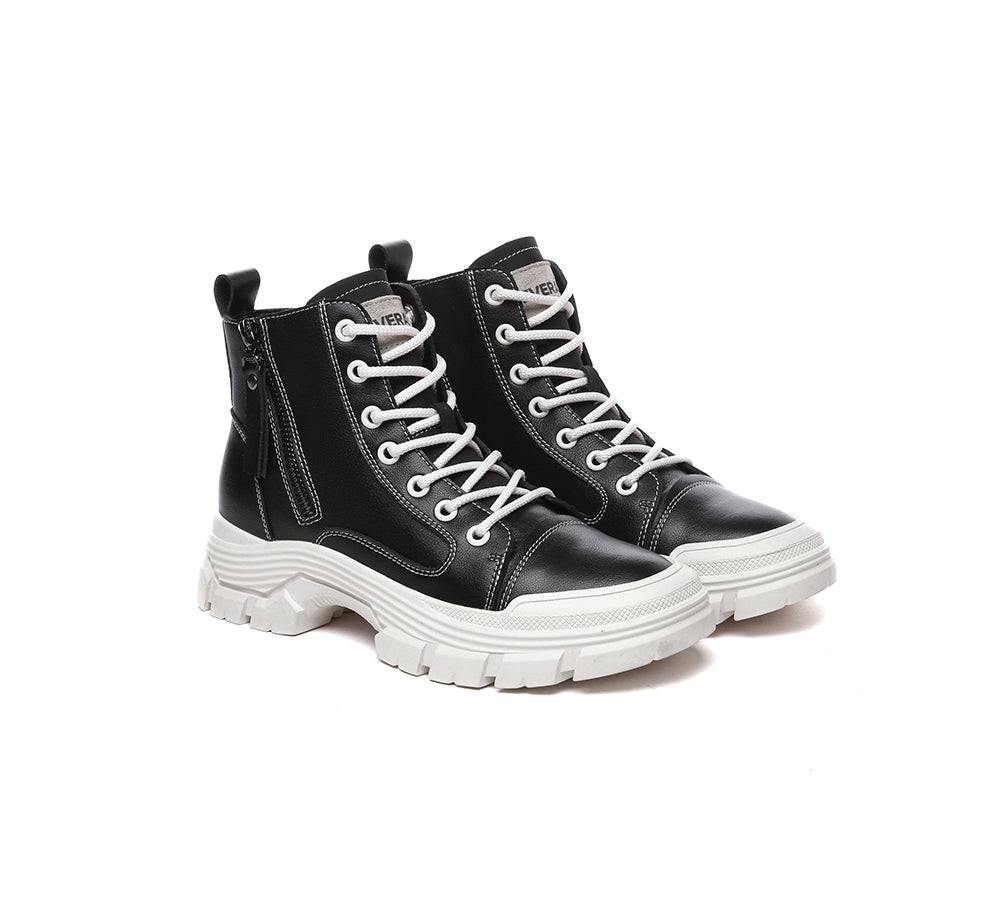 EVERAUĀ® Women Leather Zipper Chunky Boots Lorrin