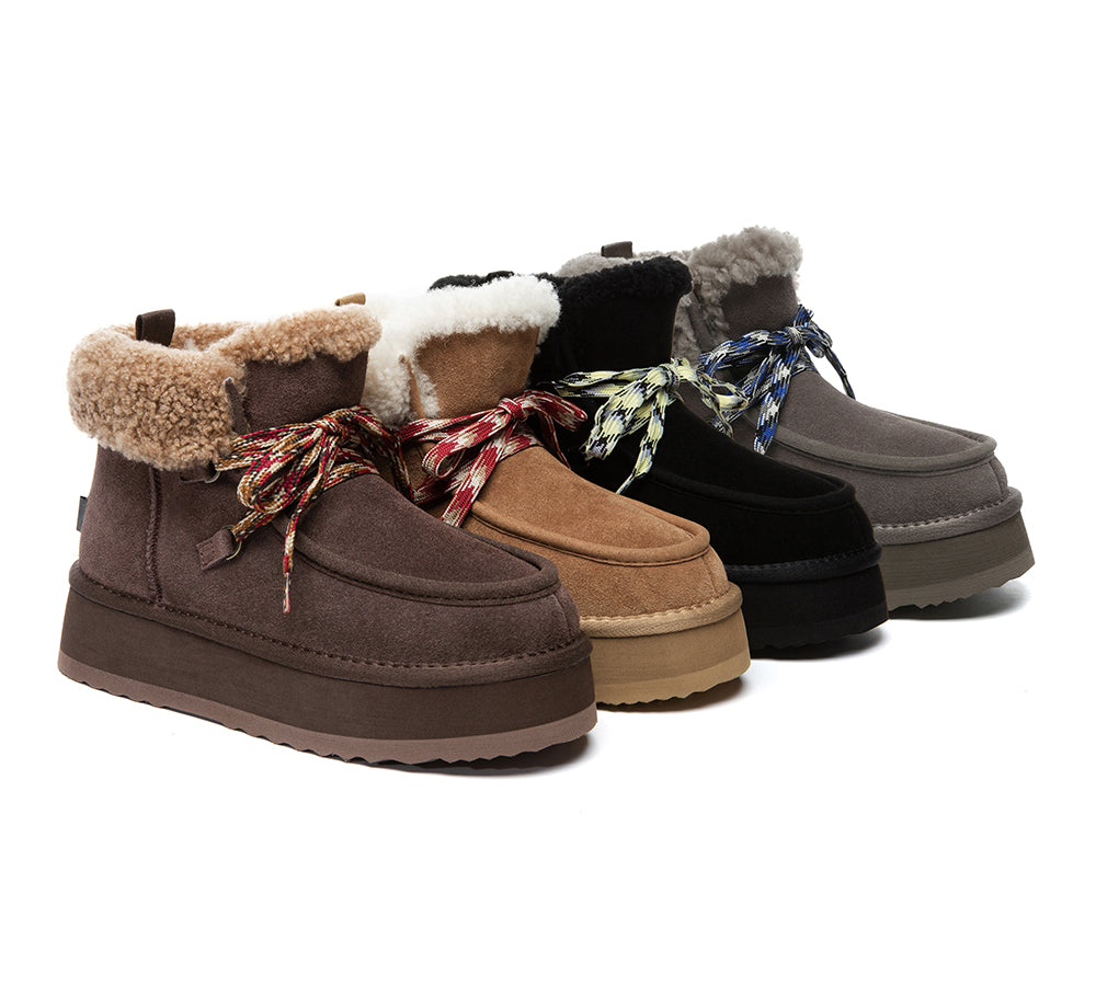 UGG Boots Women Sheepskin Wool Lace Up Ankle Platform Honour