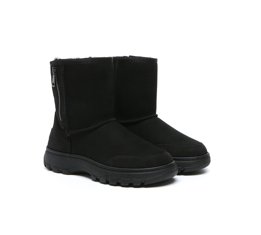 Women Men Sheepskin Wool Zipper Short Outdoor Boots