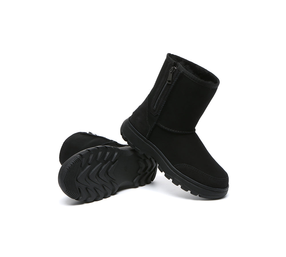 Women Men Sheepskin Wool Zipper Short Outdoor Boots