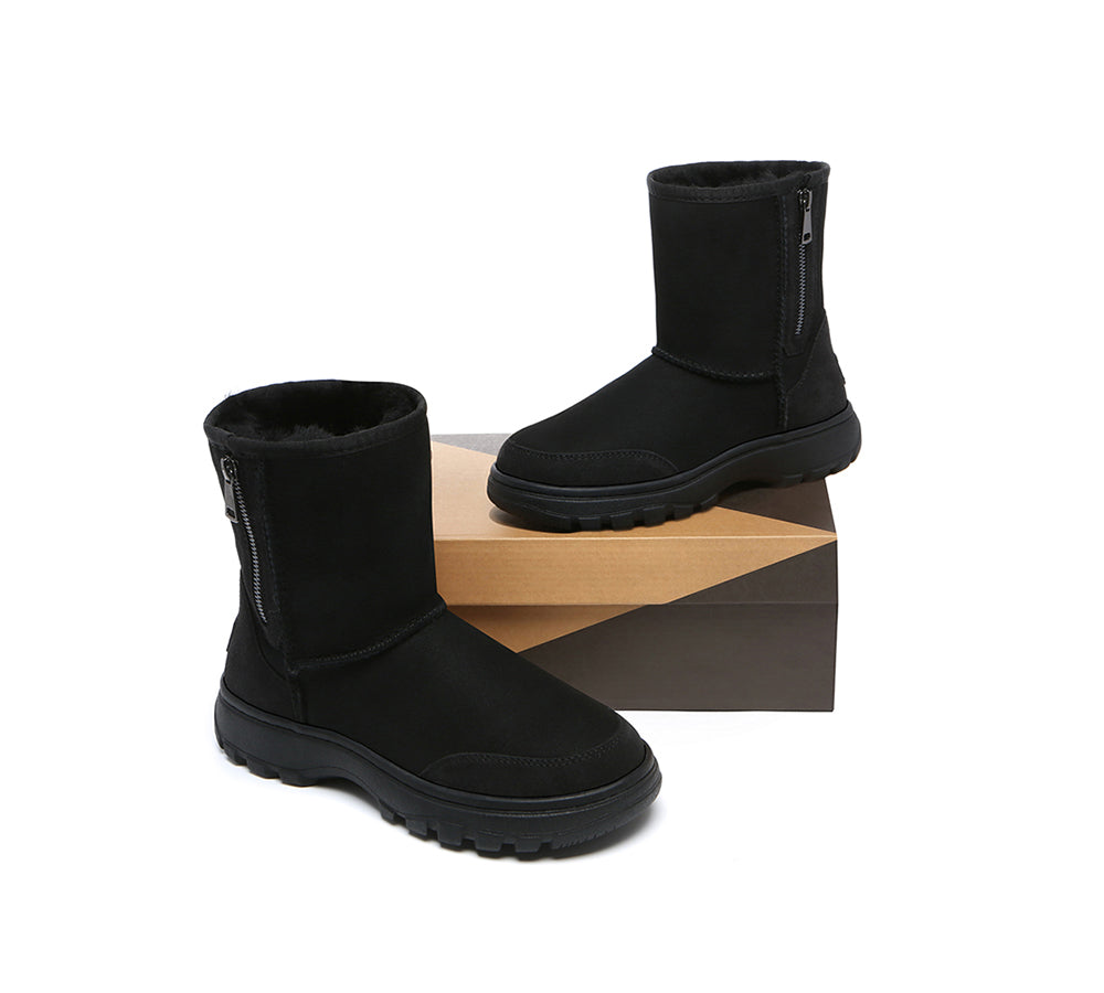 Women Men Sheepskin Wool Zipper Short Outdoor Boots