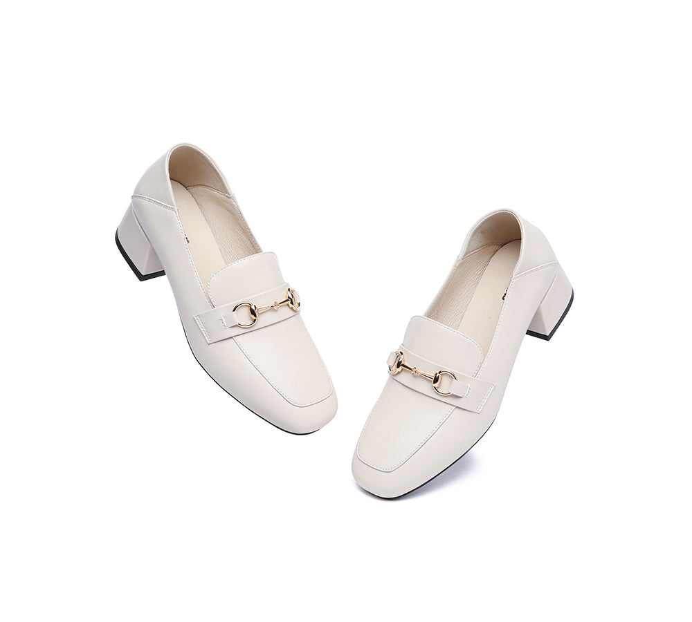 EVERAU® Women Leather Gold Buckle Low Block Heel Loafers Mia - UGG EXPRESS