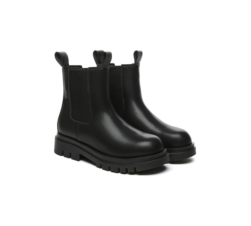 EVERAUĀ® Women Leather Black Chunky Boots Vaneta