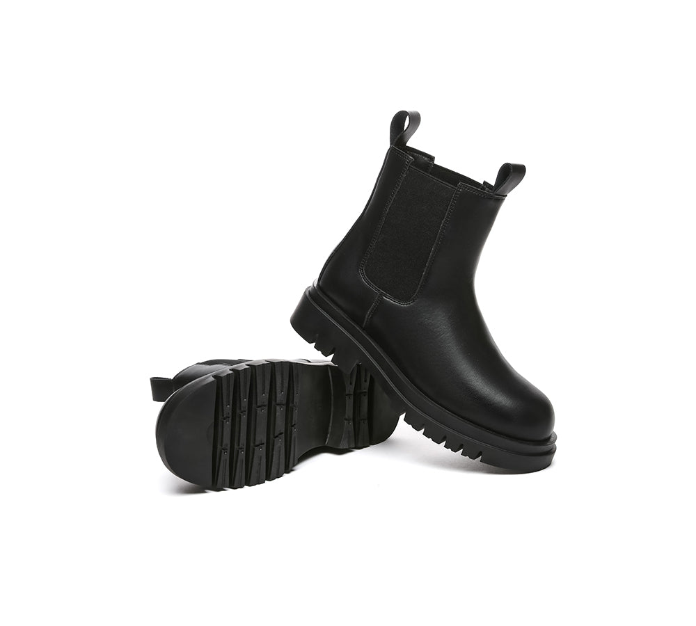 Women Leather Sheepskin Wool Black Chunky Boots Vaneta