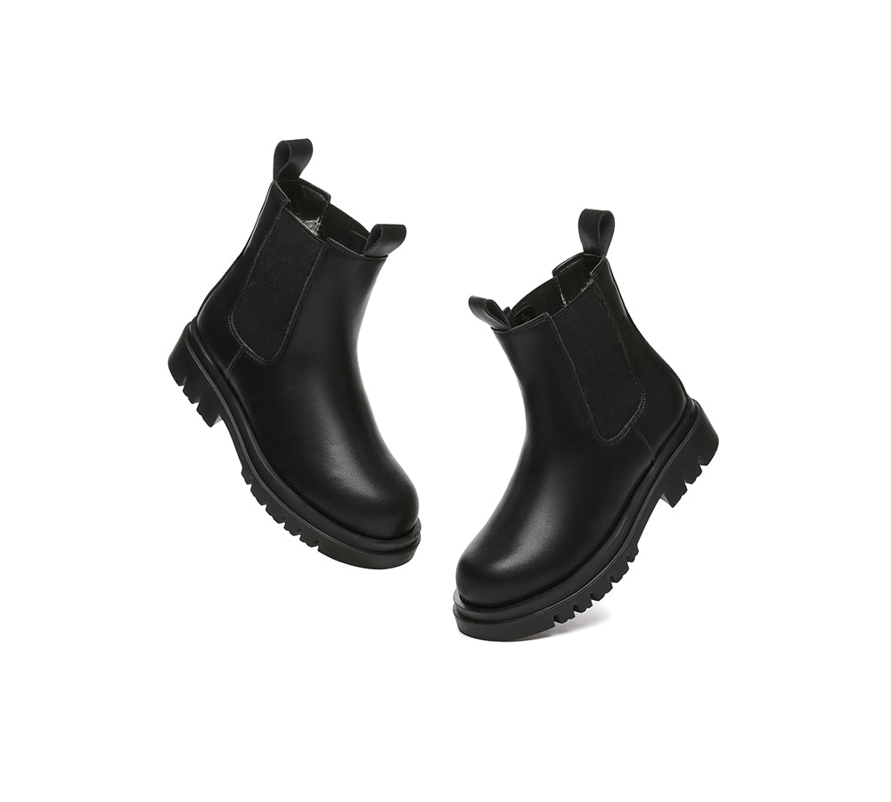 Women Leather Sheepskin Wool Black Chunky Boots Vaneta