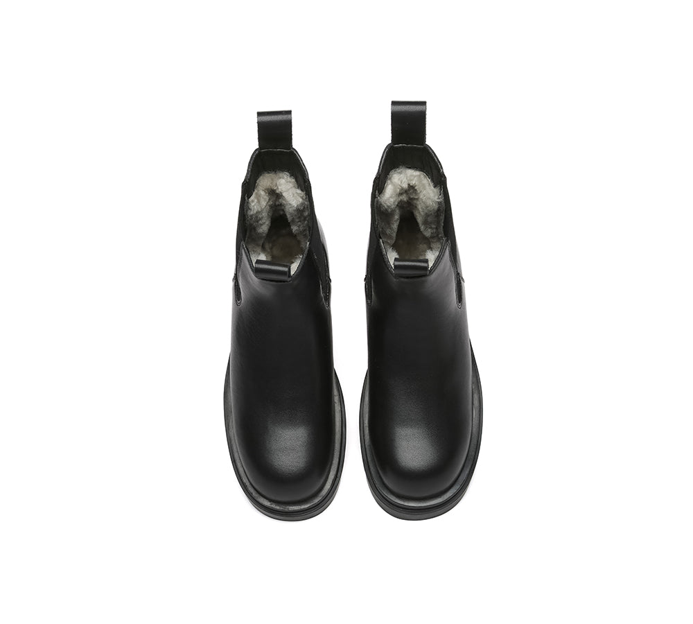 Women Leather Sheepskin Wool Black Chunky Boots Vaneta