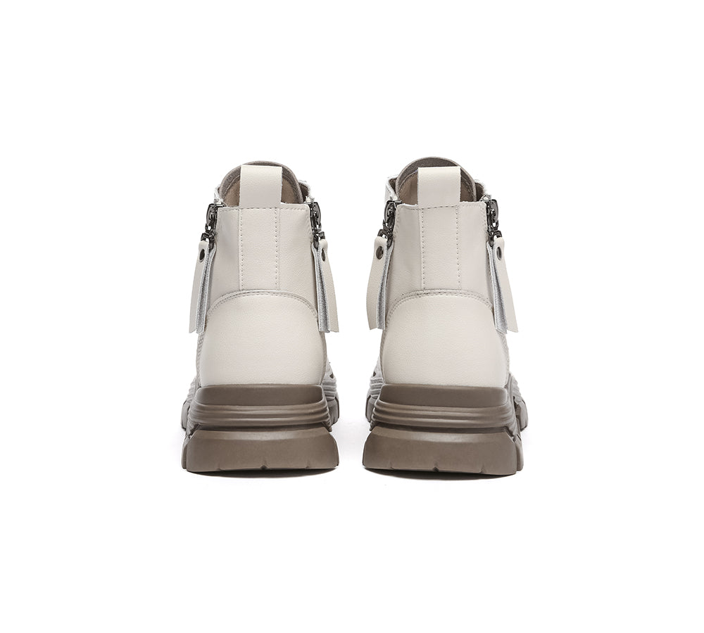 Women Leather Lace Up Zipper Chunky Boots Lorrin