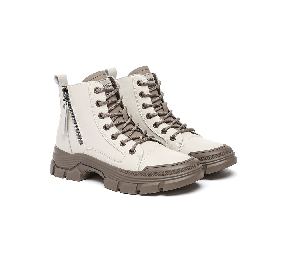 Women Leather Lace Up Zipper Chunky Boots Lorrin