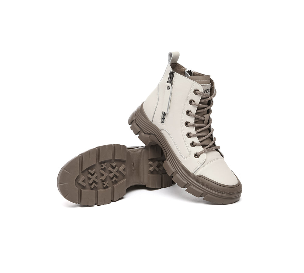 Women Leather Lace Up Zipper Chunky Boots Lorrin